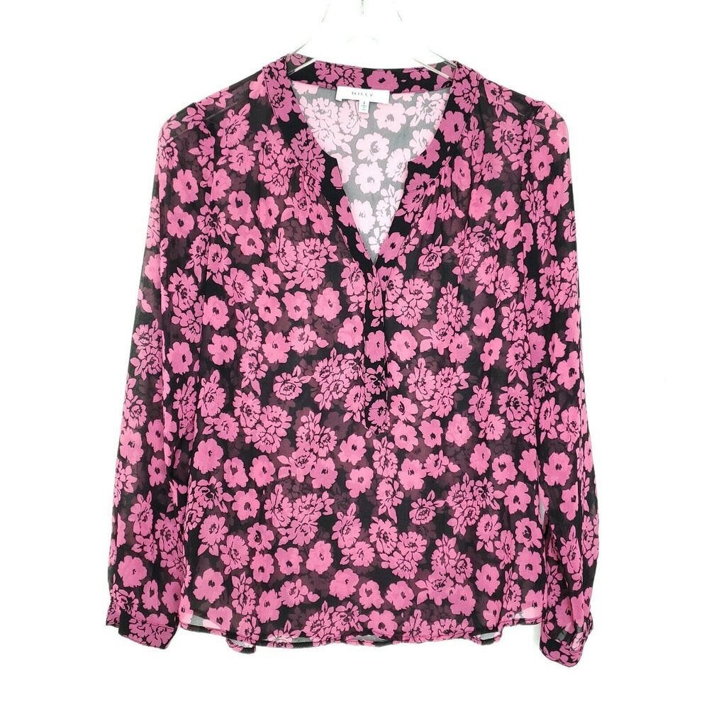 MILLY Blouse Shirt Size 2 Pink Black Brooke Floral Print Chiffon